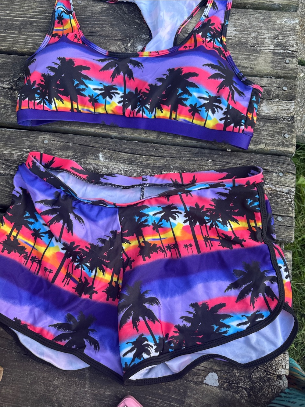 Purple Tropical Palm Print Women's Bikini Tank & Swim Shorts